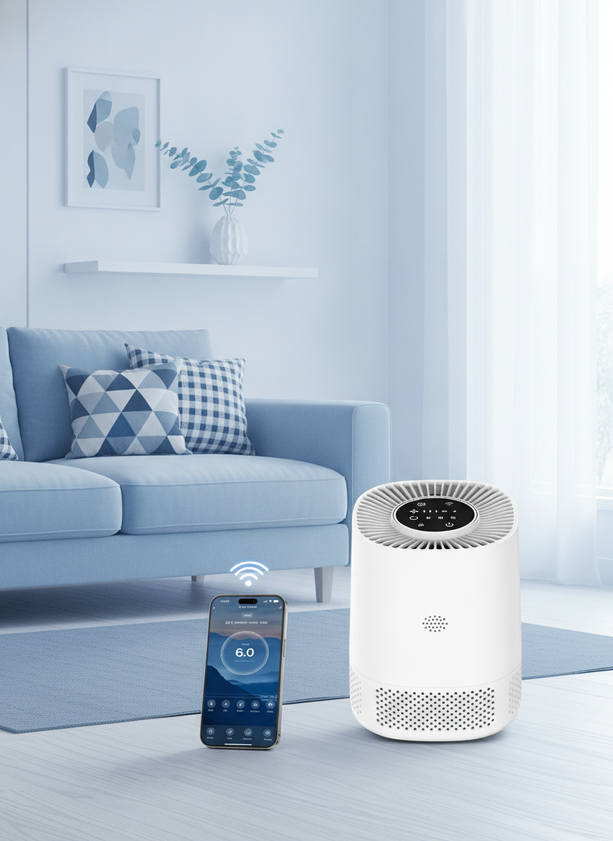 Sleek, modern Air Purivo Smart Wifi Air Purifier in a contemporary living room, with a smartphone displaying its app interfac