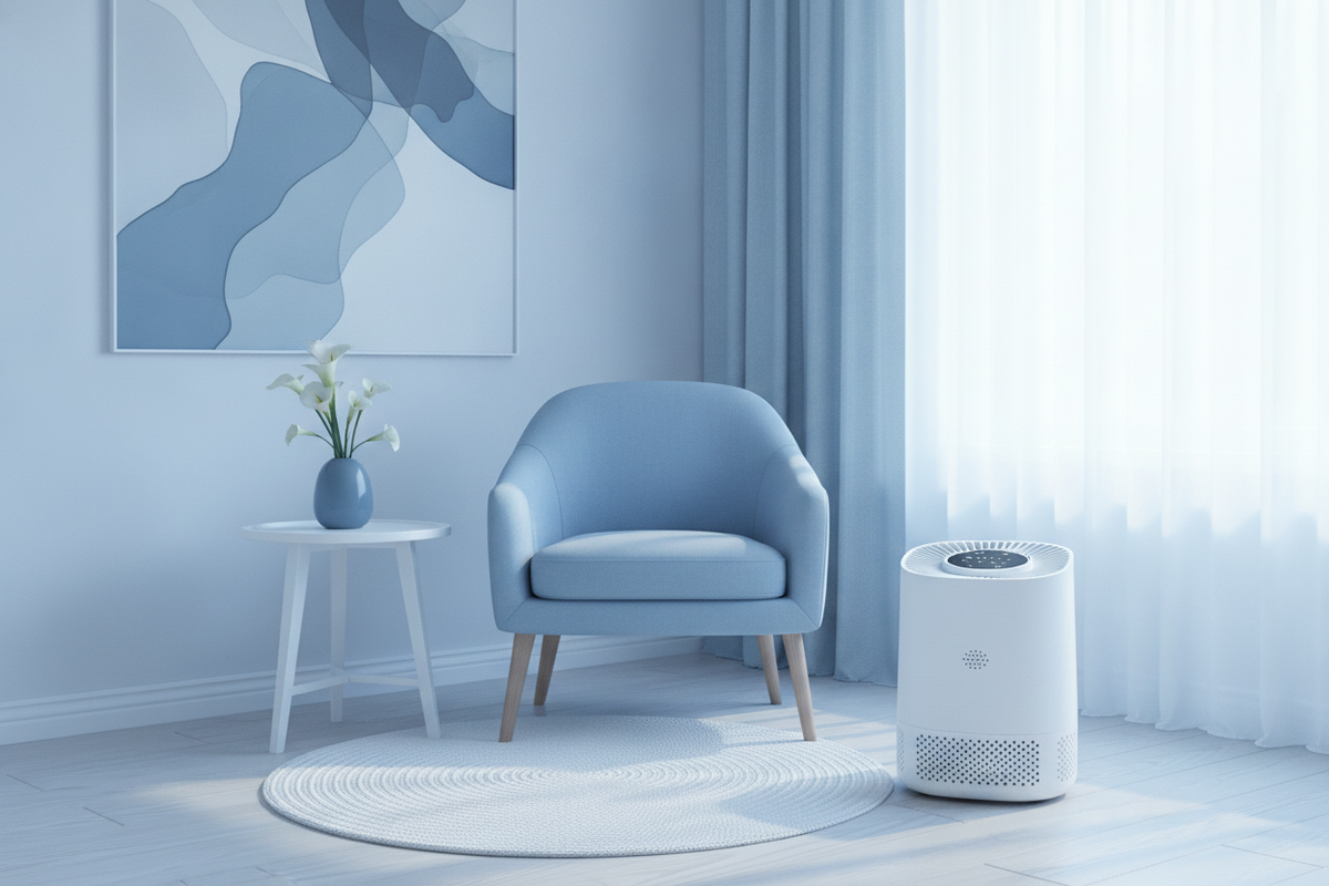 Air Purivo Smart Wifi Air Purifier in a modern living room with soft sky blue and bright white decor.