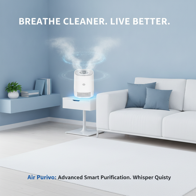 Air Purivo Smart Wifi Air Purifier in a modern living room with soft blue and white decor, illustrating clean air and quiet o